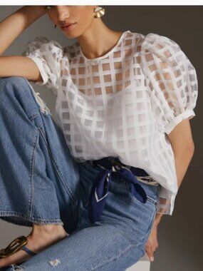 NWT English Factory Puff Sleeve Plaid Sheer White Top